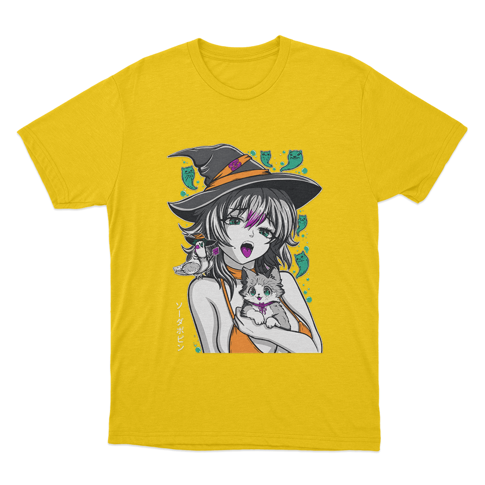 Sodapoppin Witch Girl And Cats Unisex T Shirt Yellow Sodapoppin Witch Girl And Cats Unisex T Shirt Yellow